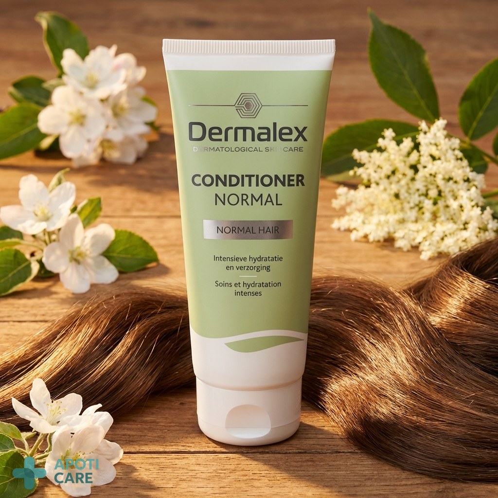 Close-up of healthy, shiny hair reflecting light, with botanical elements like apple blossoms and elderflowers in the background to evoke natural ingredients.