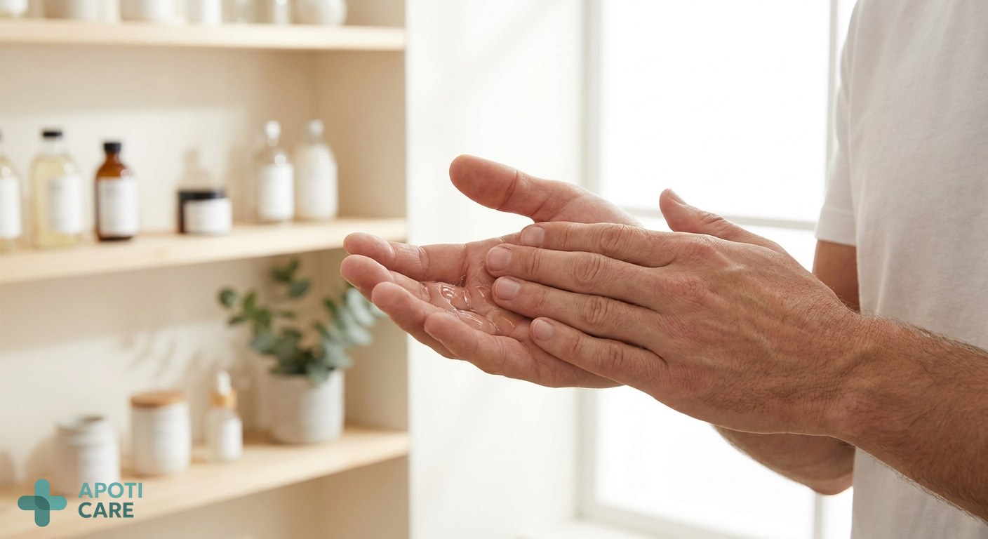Close-up of clean, well-groomed hands being rubbed together with a clear sanitizing liquid, professional and serene atmosphere, soft natural lighting