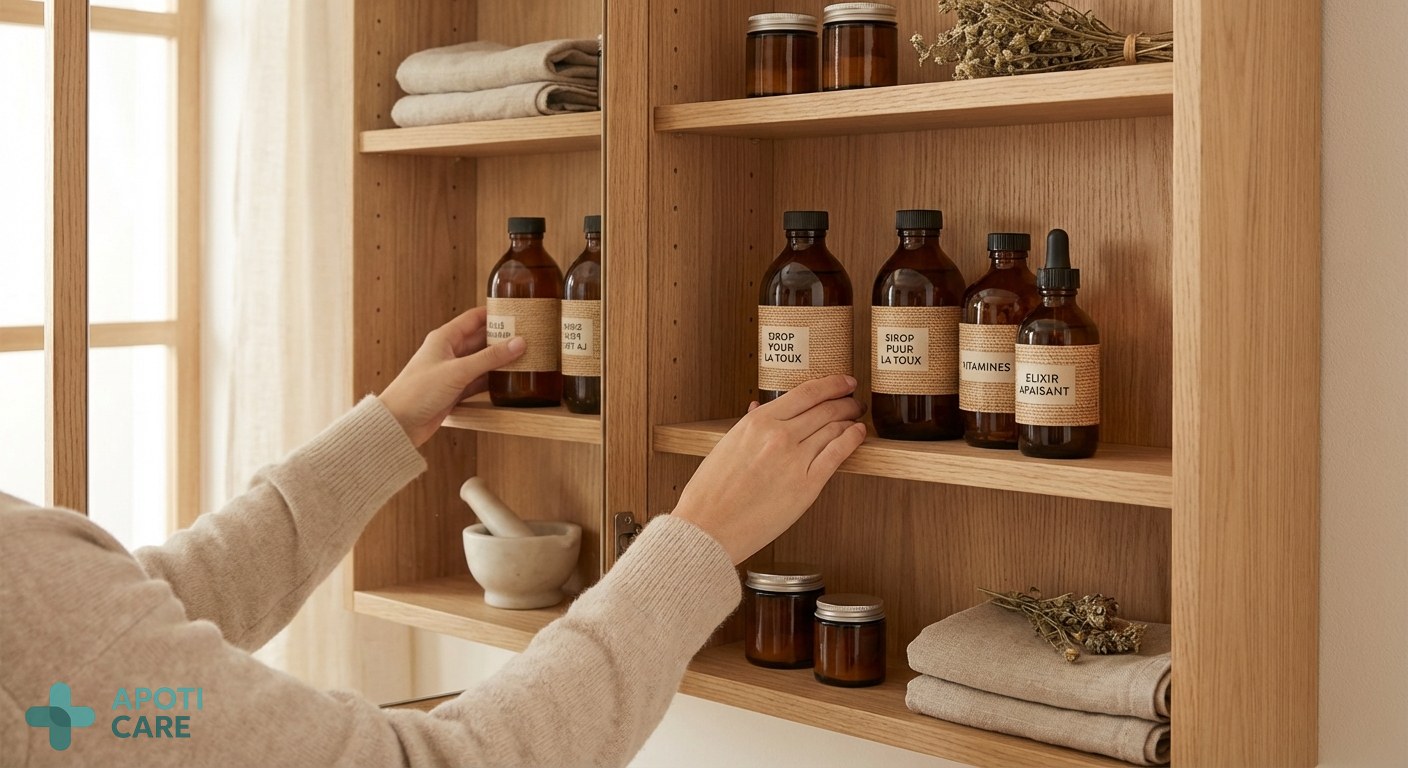 Close-up of a wooden medicine cabinet being organized, with clean aesthetics, showing various syrup bottles and health products.