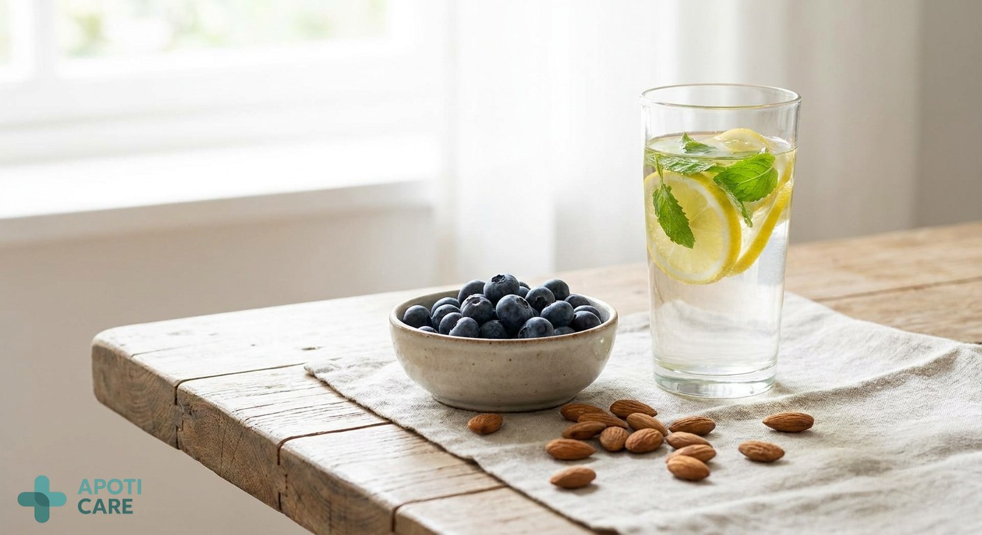 Close-up of healthy food on a wooden table: fresh blueberries, almonds, and a tall glass of water with lemon slices, bright natural lighting.