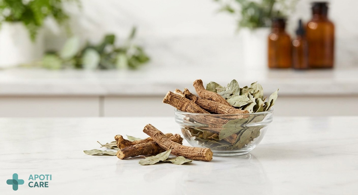 Close-up of dried rhubarb roots and senna leaves on a clean white marble surface, minimalist pharmacy style, professional lighting.