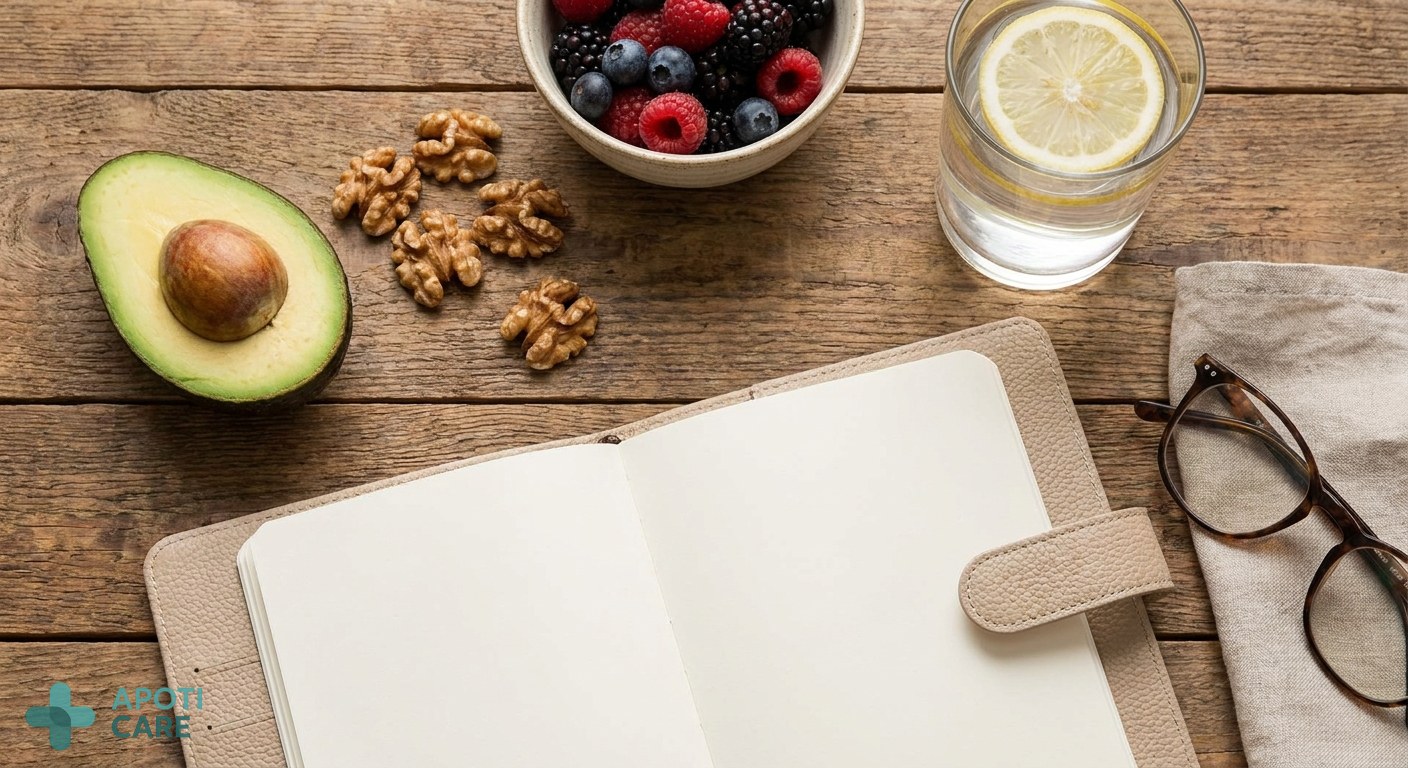 A flat lay of healthy foods like avocado, walnuts, and berries next to a glass of water and a professional planner on a wooden desk.