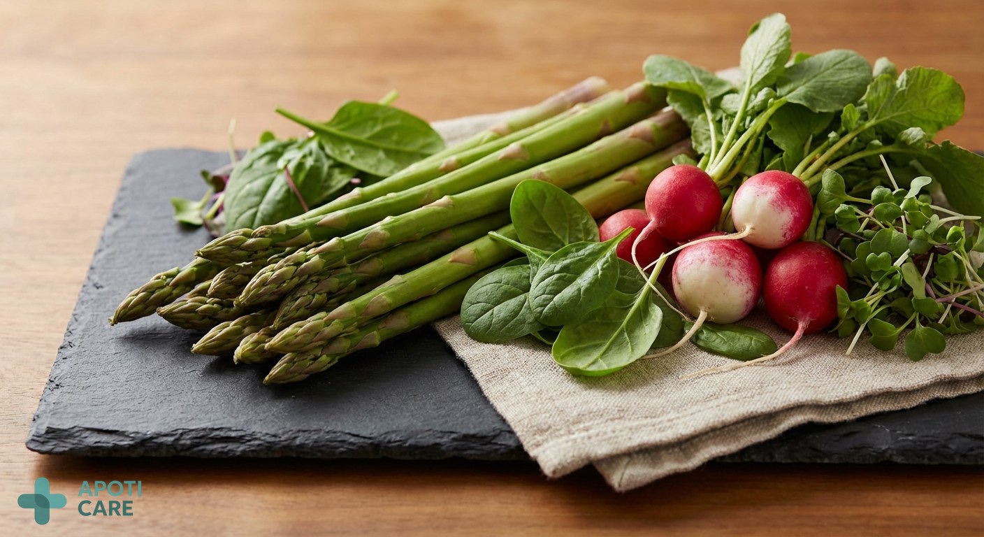 Close-up of fresh spring vegetables like asparagus, radishes, and young greens on a slate background, emphasizing natural fiber sources.