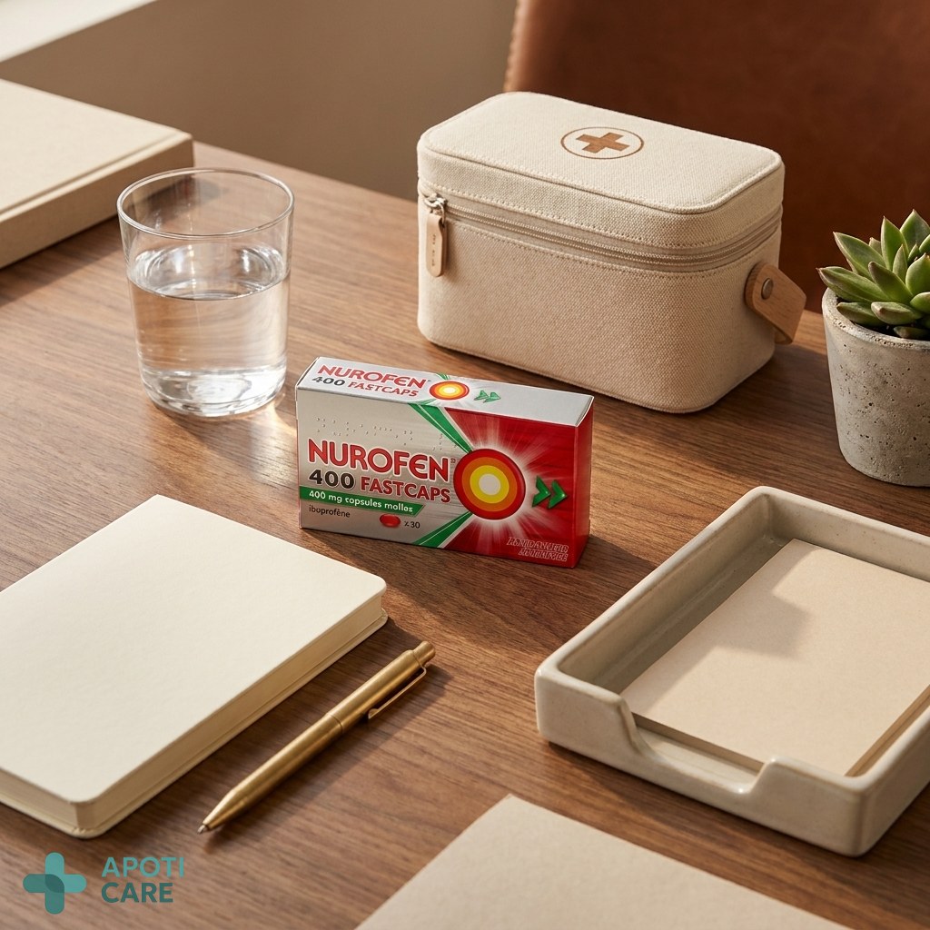 Close-up of a professional desk with a small first-aid kit, a glass of water, and organized stationery, clean and modern aesthetic, realistic photography style