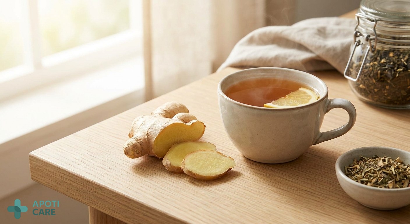 Close-up of fresh ginger root and a cup of herbal tea on a minimalist wooden table, soft morning light.