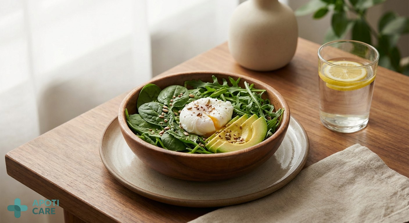 Close up of a healthy breakfast with fresh spring greens and a glass of water, emphasizing vitality and natural health.