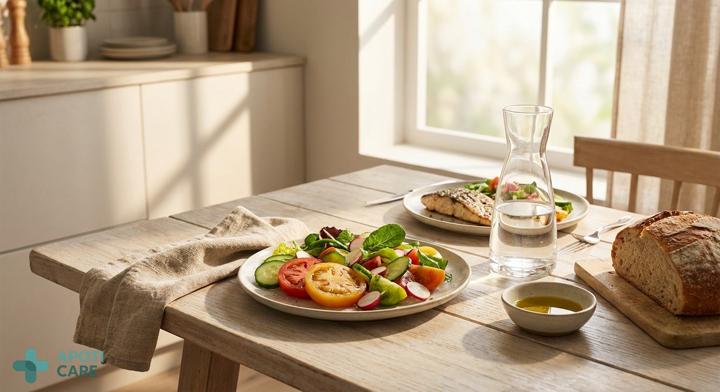 A healthy, light summer meal with fresh vegetables on a wooden table, soft evening light, focus on textures and freshness