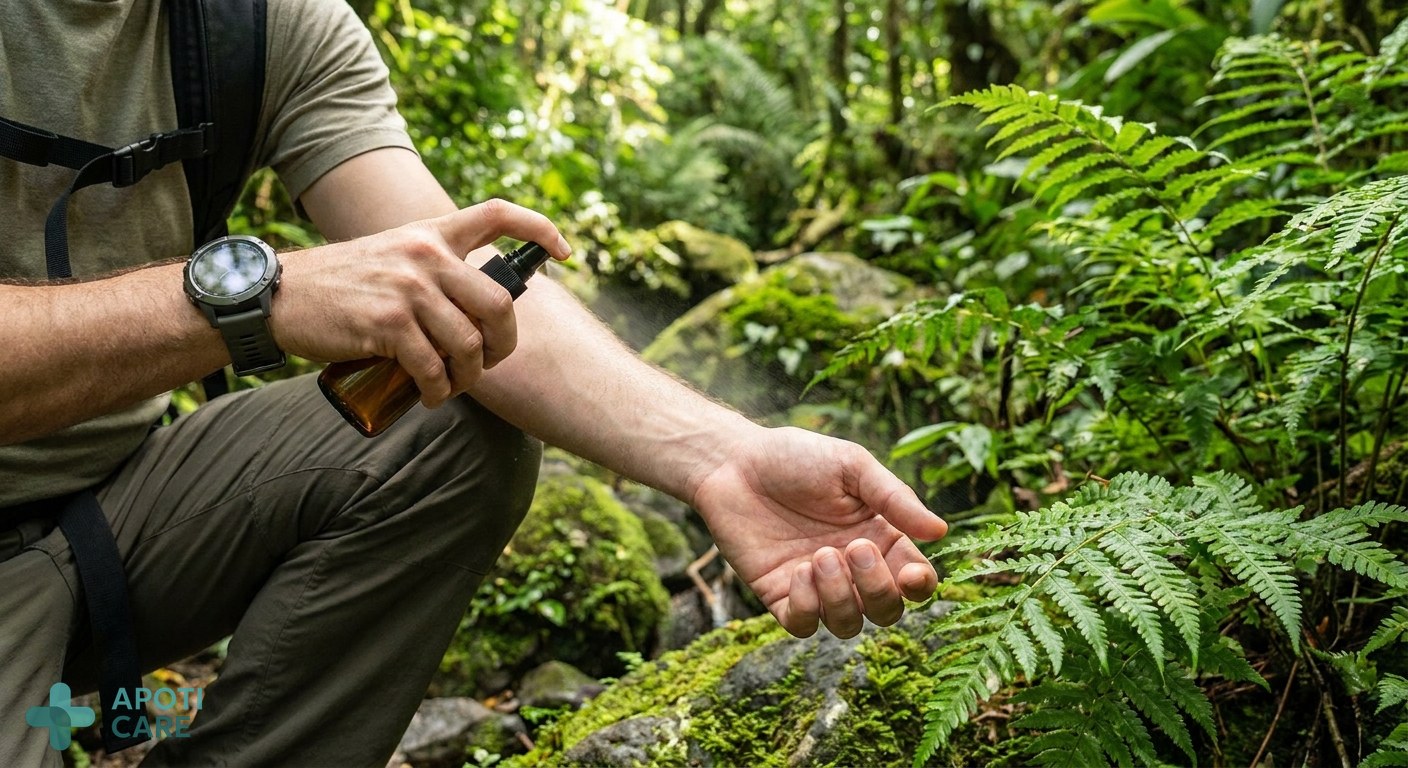 Close up of a person's hands applying protective spray while hiking in a lush, green tropical forest environment, high quality photography