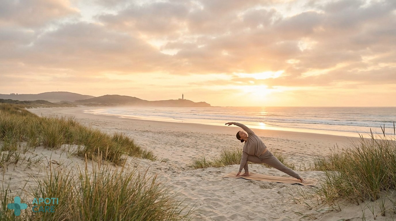 A landscape shot of a person doing light stretching on a beach at sunrise, emphasizing flexibility and physical well-being during summer.