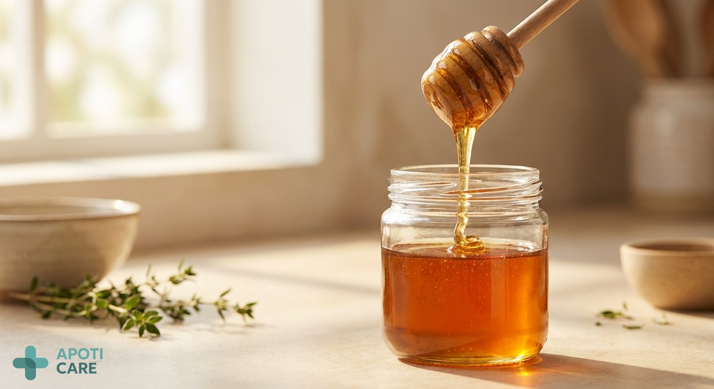 Close-up of high-quality organic honey being drizzled from a wooden spoon, golden sunlight filtering through, natural and premium aesthetic.