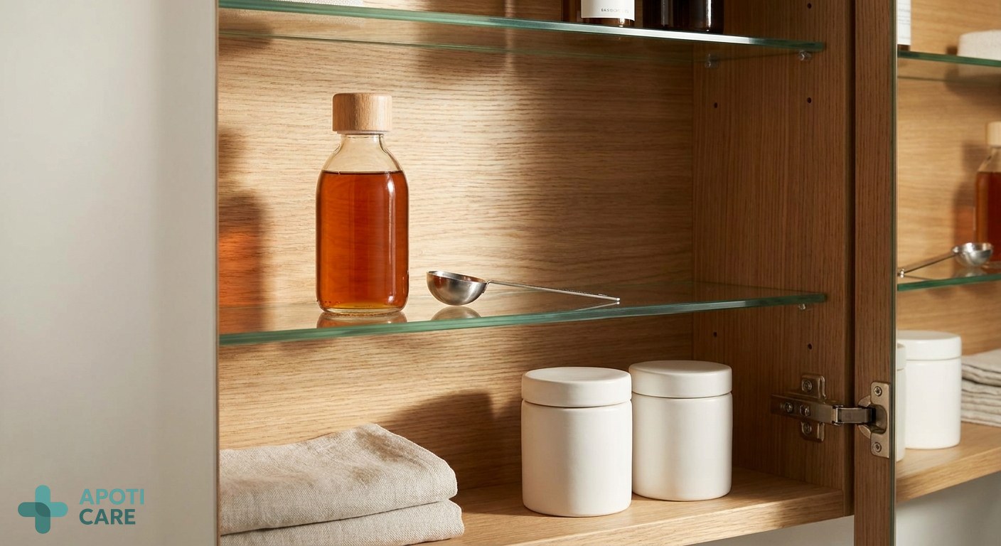 A clean, premium-looking medicine cabinet with a bottle of cough syrup and a measuring spoon, focused and bright lighting.