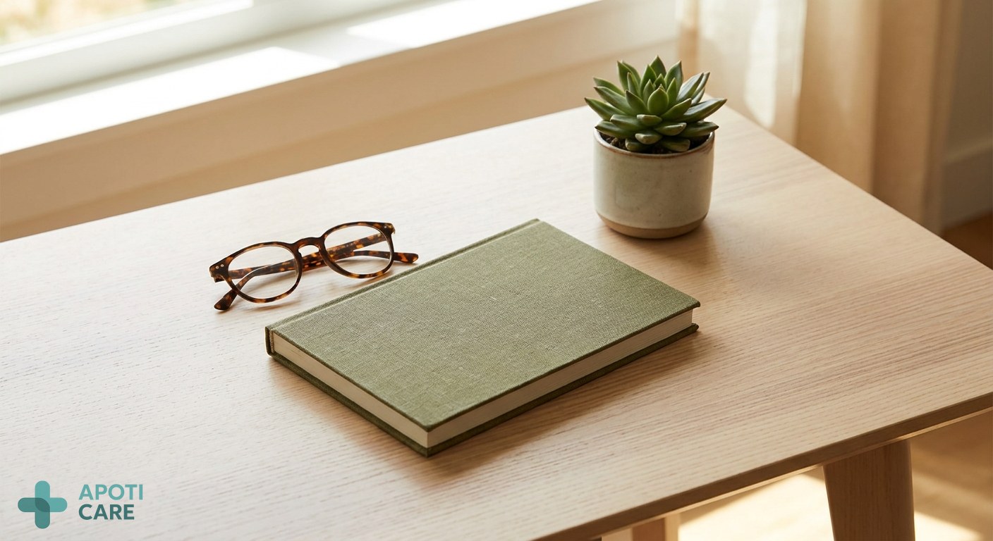 A close-up of a wooden desk with a pair of glasses, a closed notebook, and a small green plant, representing the transition from work/study to peace.