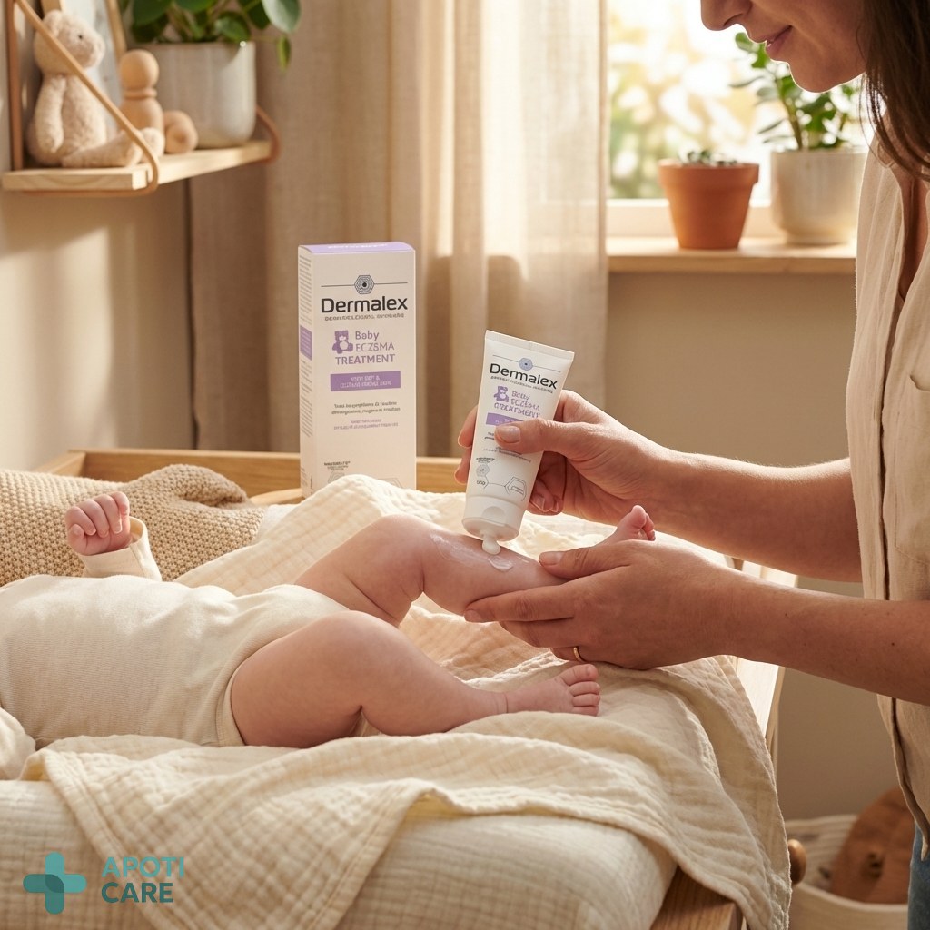 A parent gently applying cream to a baby's legs, focus on the hands and the baby's skin, soft natural lighting.