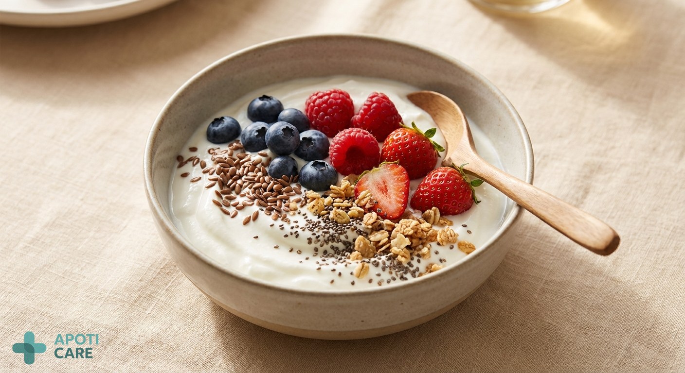 Close-up of a healthy breakfast with yogurt, fresh berries, and a sprinkle of natural fibers, high-end photography style