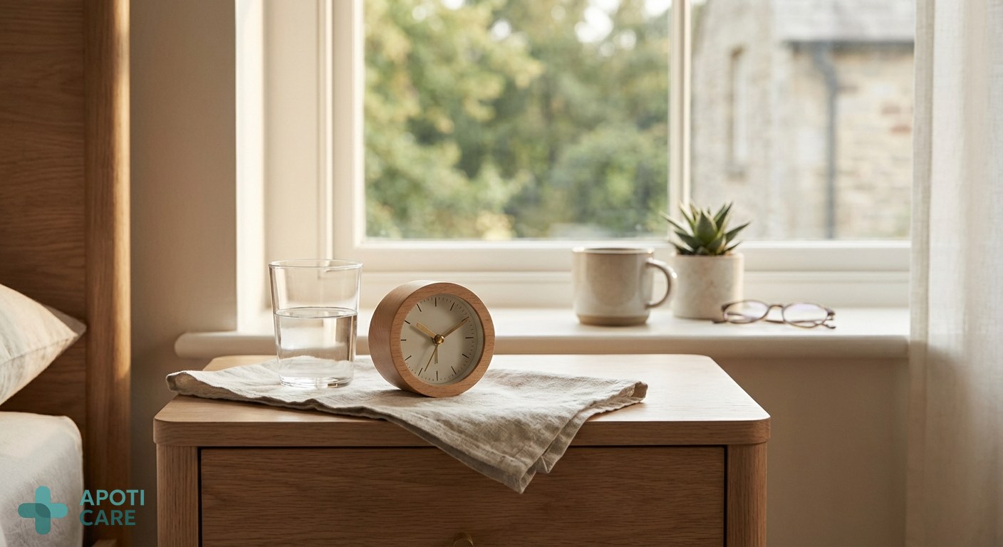 Close-up of a glass of water and a wooden clock on a nightstand, soft morning light filtering through a window, calm and peaceful atmosphere, realistic photography style.