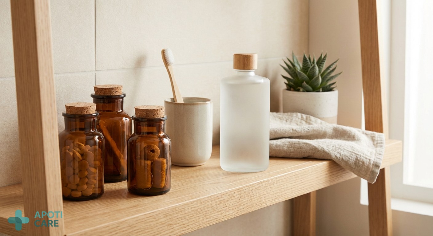 Close-up of a clean, modern bathroom shelf with high-end dental care products, natural morning light, realistic photography style