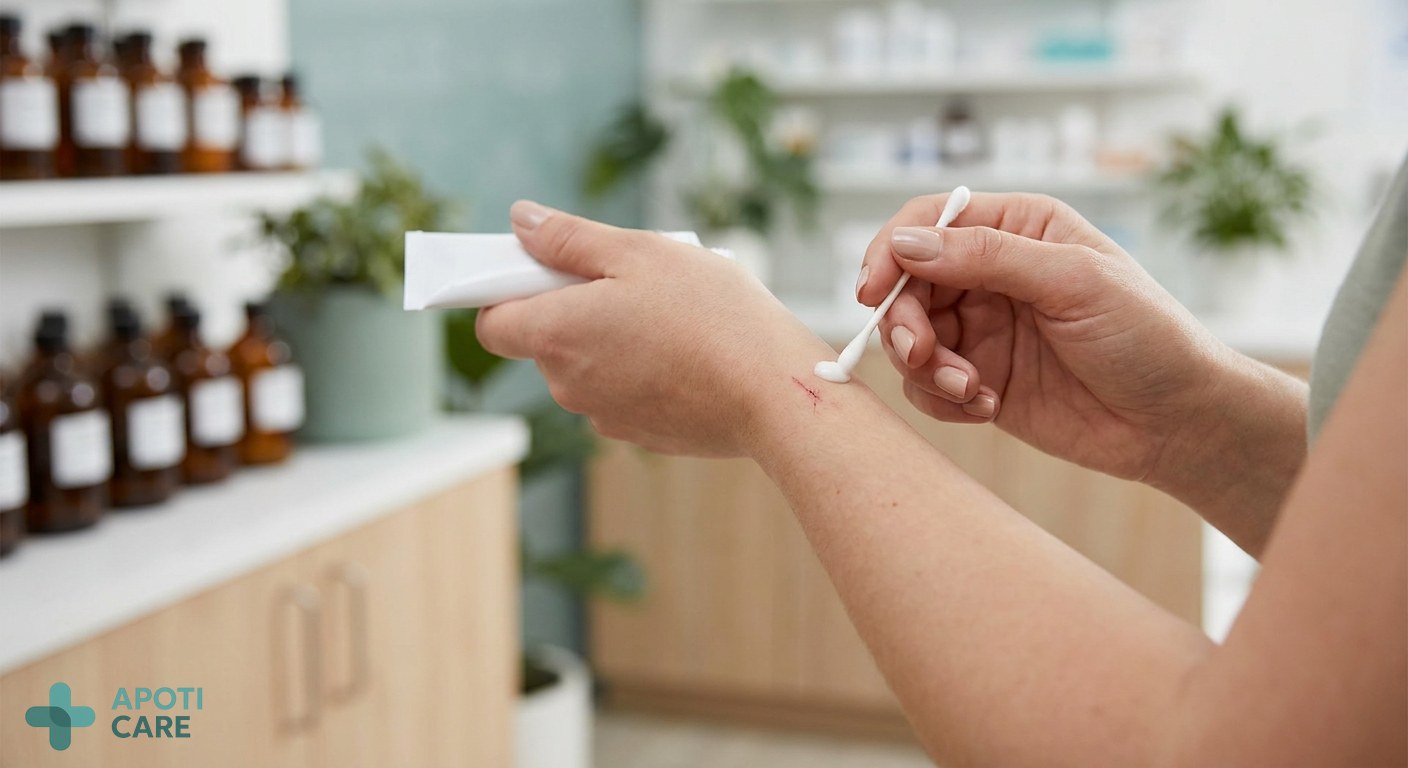 Close-up of a person carefully applying a small amount of white cream to a minor scratch on their forearm, professional and hygienic setting, soft focus.