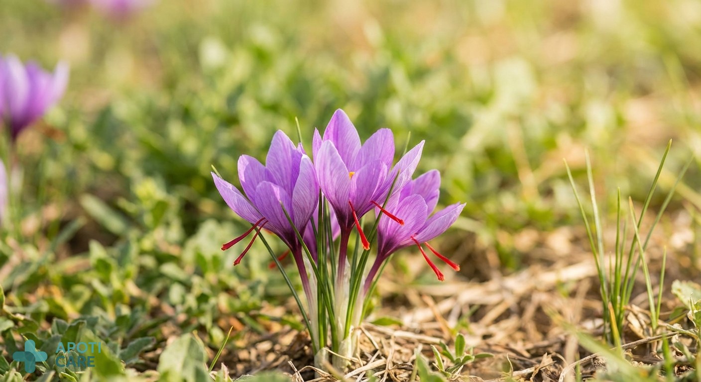 Close-up of Saffron (Crocus sativus) flowers in a natural field, vibrant purple petals and red stigmas, professional photography