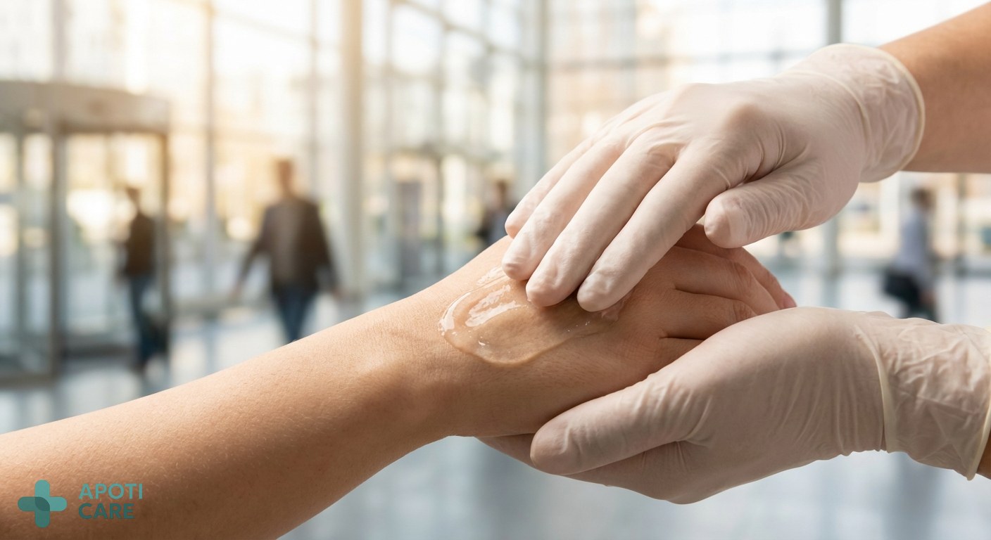 Close-up of professional hands applying a clear gel, with a blurry background of a modern office or a transit station, suggesting protection during a busy workday.