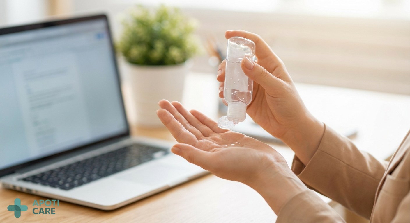 Close-up of professional hands using a clear sanitizing gel, blurred office background with a laptop, bright and clean aesthetic, realistic photography