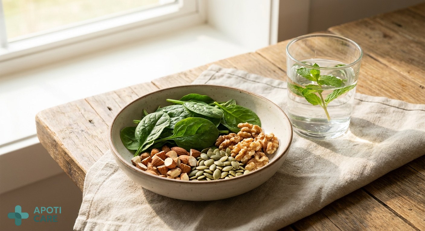 A close-up of healthy spring foods on a wooden table, including green leafy vegetables, nuts, and a glass of water, symbolizing natural magnesium sources.