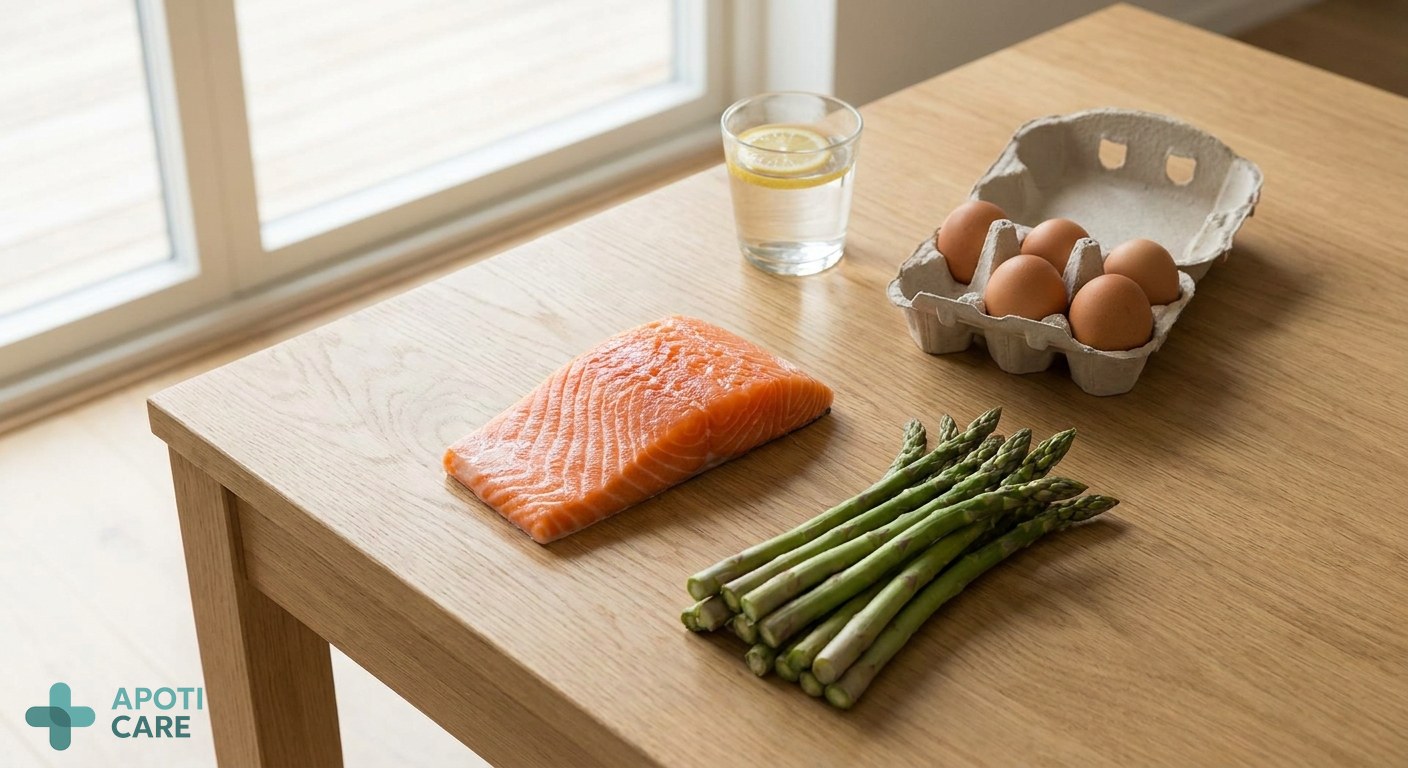 A high-quality flat lay of healthy spring foods: salmon, eggs, green asparagus, and a small glass of water on a wooden table, bright and airy atmosphere.