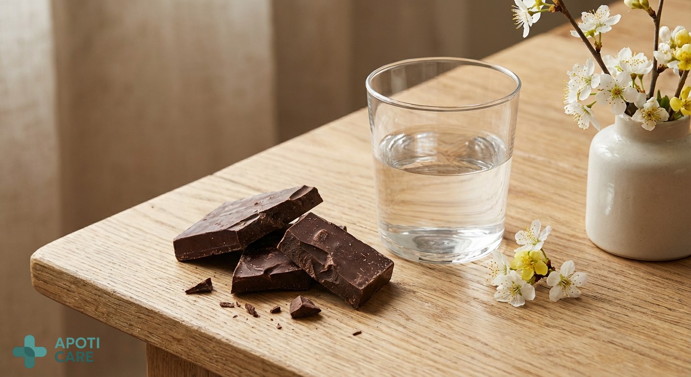 Close-up of high-quality dark chocolate pieces next to a glass of water and some spring flowers on a wooden table. Soft, natural lighting.