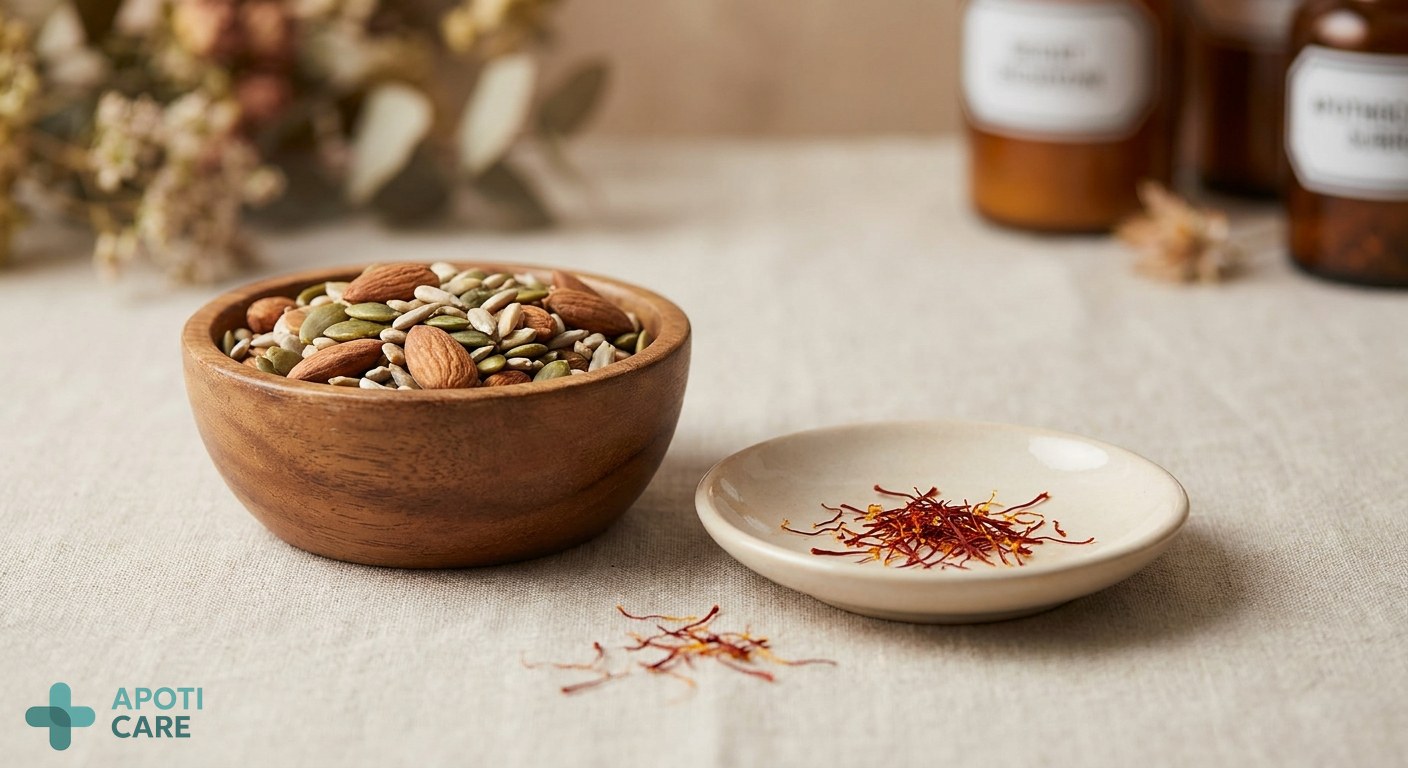 Close-up of saffron filaments and a wooden bowl of magnesium-rich almonds and seeds on a light, professional background.