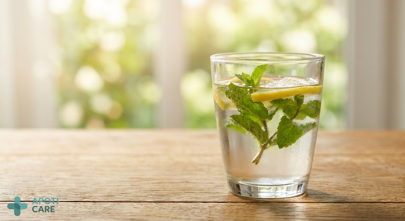 Close-up of a glass of water with mint leaves and lemon on a wooden table, soft summer light in the background, symbolizing freshness and hydration.