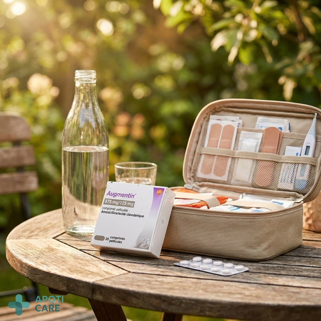 Close-up of a first-aid kit and a bottle of water on a wooden garden table, blurred summer background, high quality medical photography