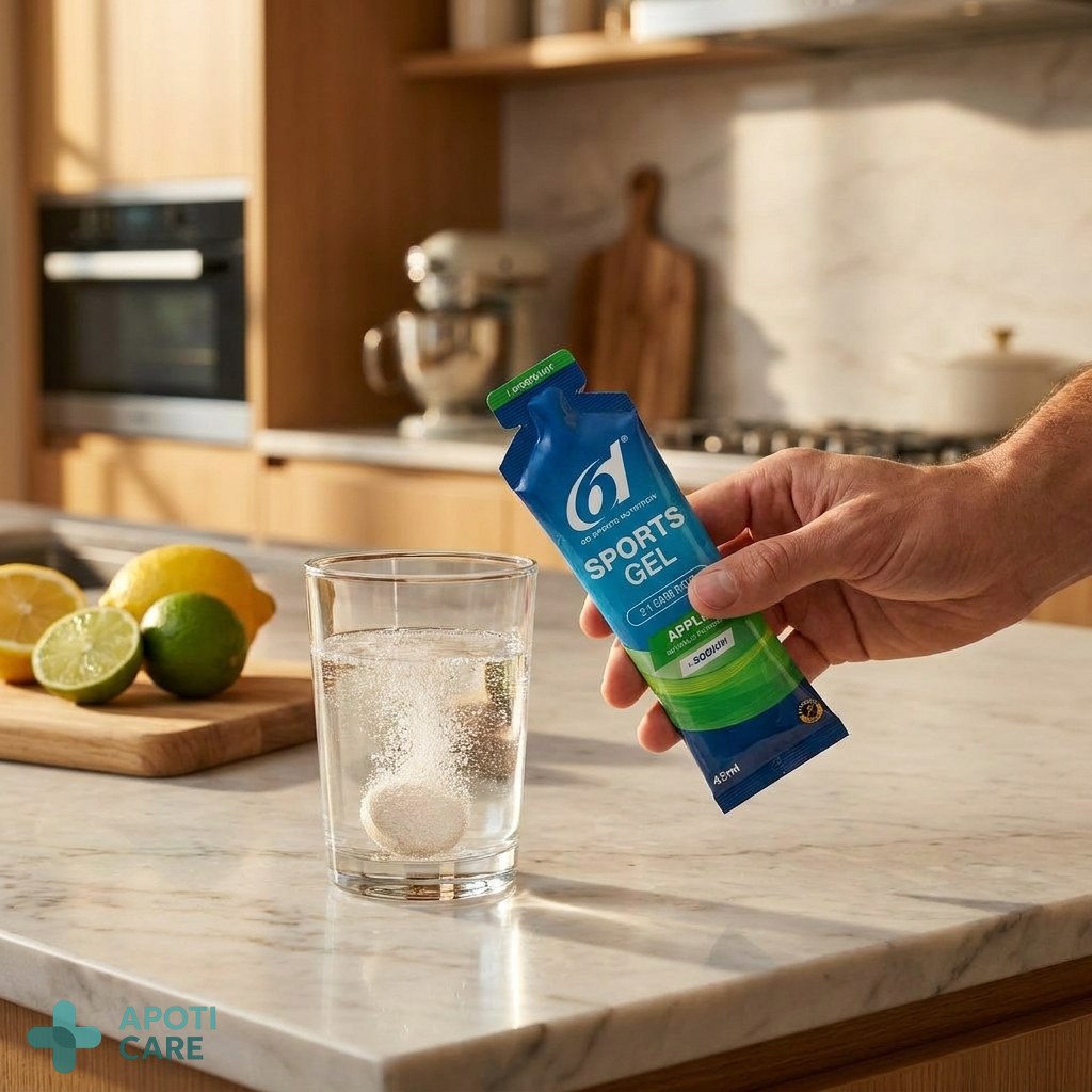 Close-up of a glass of water with electrolytes and a focused athlete's hand, modern kitchen background, high-end feel, realistic