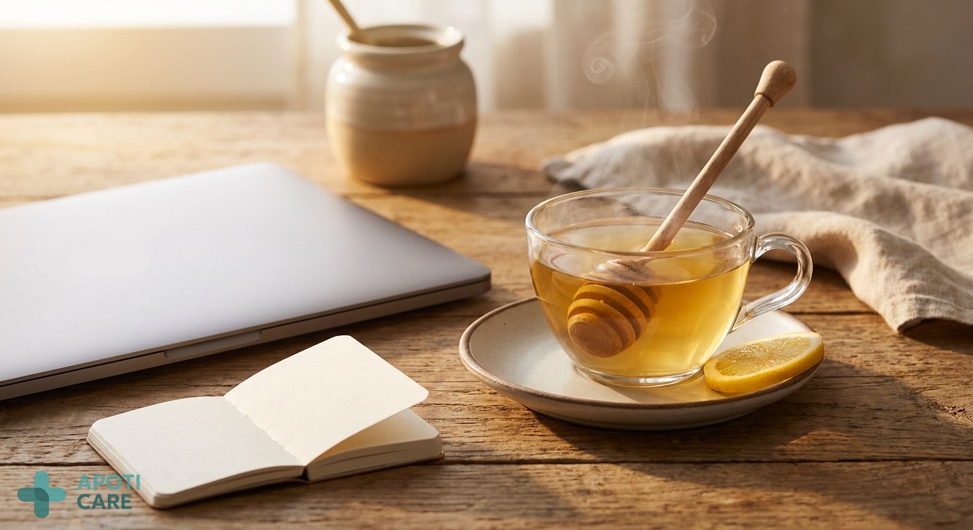 Close-up of a warm herbal tea with honey and a slice of lemon on a wooden desk next to a laptop, soft morning light, realistic photography