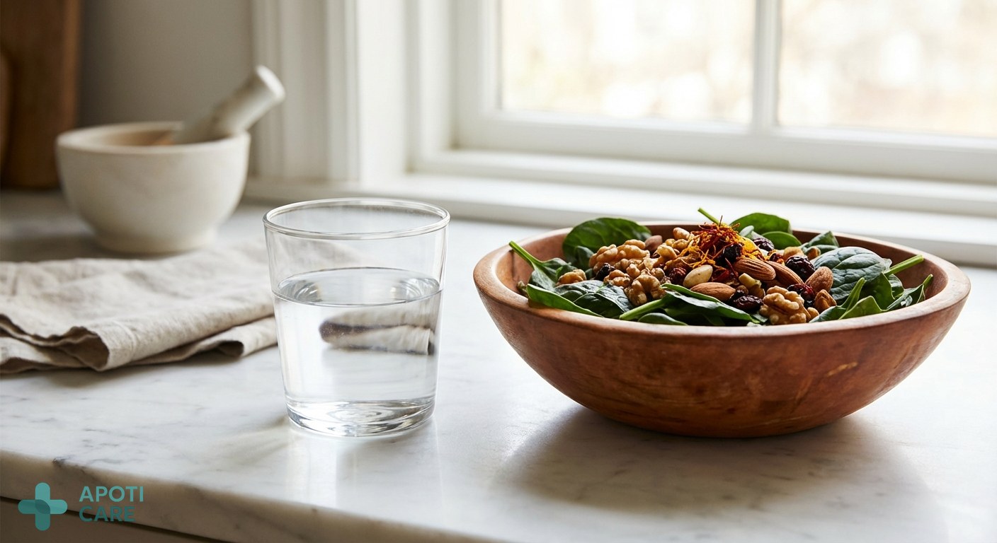 A glass of water and a wooden bowl with colorful healthy food (saffron, nuts, green leafy vegetables) on a clean white marble surface, soft natural light, premium feel