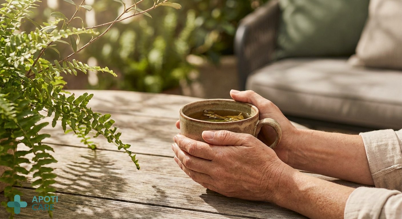 Close-up of a person's hands holding a ceramic cup of herbal tea, sitting on a terrace with soft shadows of plants, representing relaxation and health.