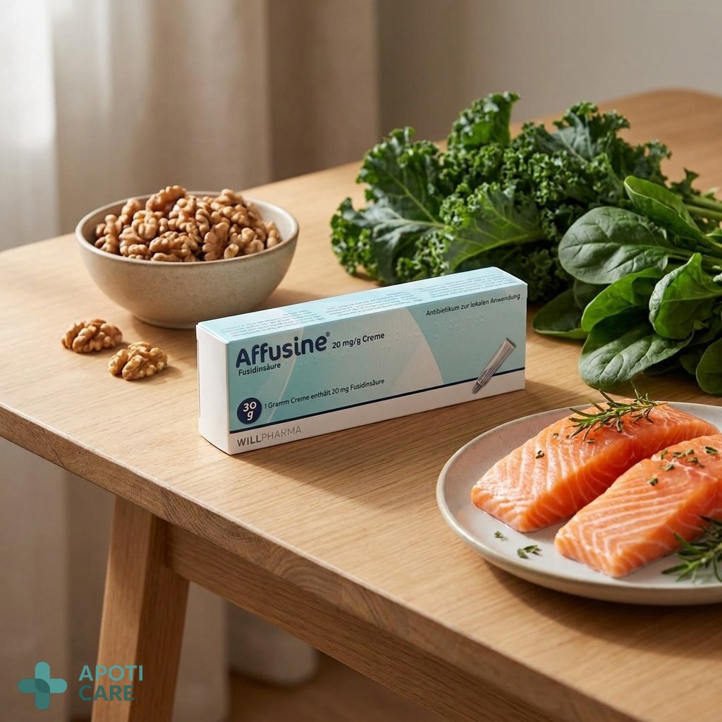 Close-up of healthy food ingredients like walnuts, fatty fish, and green leafy vegetables on a minimalist wooden table.