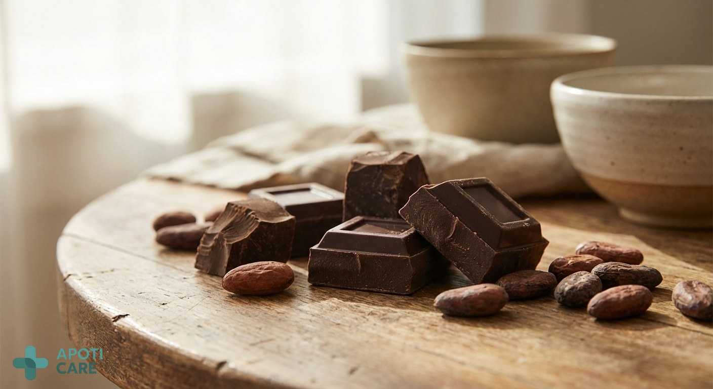 Close up of dark chocolate pieces with cocoa beans on a wooden table, soft spring sunlight filtering through.