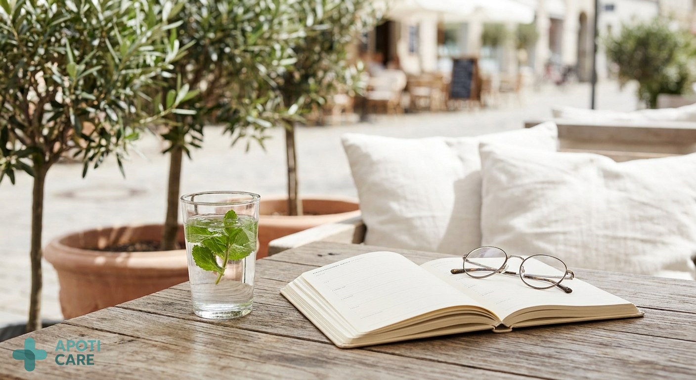 A close-up of a glass of water with mint leaves and a professional planner on a terrace, evoking a healthy summer lifestyle.