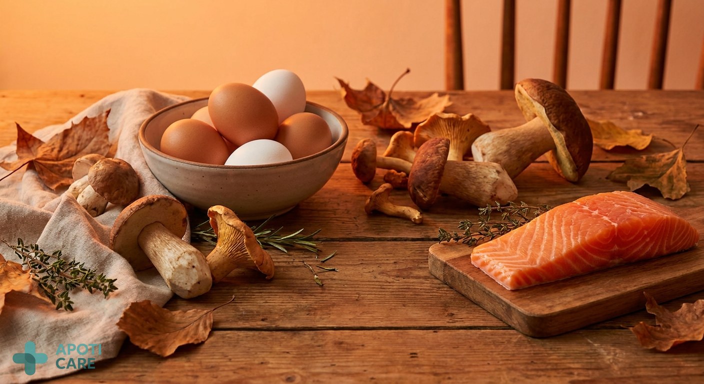 Close-up of a wooden table with healthy autumn foods like mushrooms, fatty fish, and eggs, arranged aesthetically with a warm orange lighting.