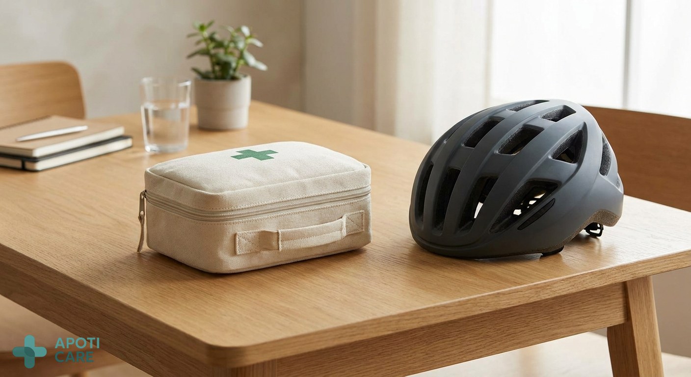 Close-up of a first aid kit and a cycling helmet on a wooden table, symbolizing health prevention and safety for active people.