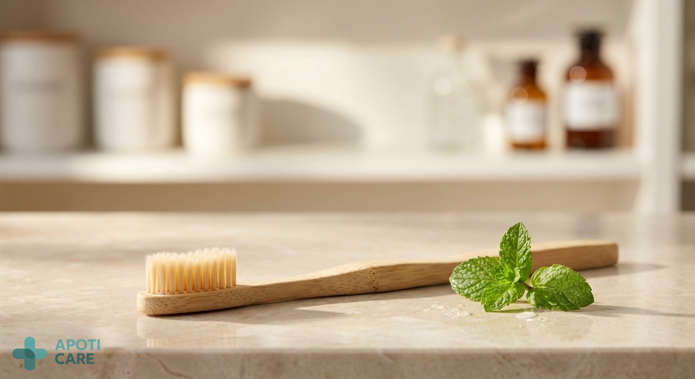 Close-up of a sustainable bamboo toothbrush resting on a clean stone surface with a sprig of mint nearby, realistic high-end photography