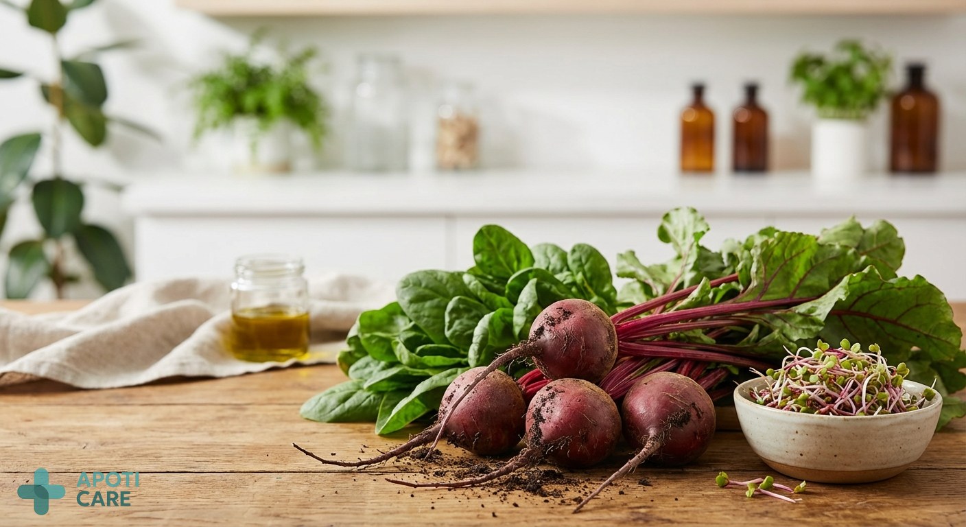 Close-up of fresh organic beets and green leafy vegetables on a wooden table, professional photography, vibrant colors, shallow depth of field.