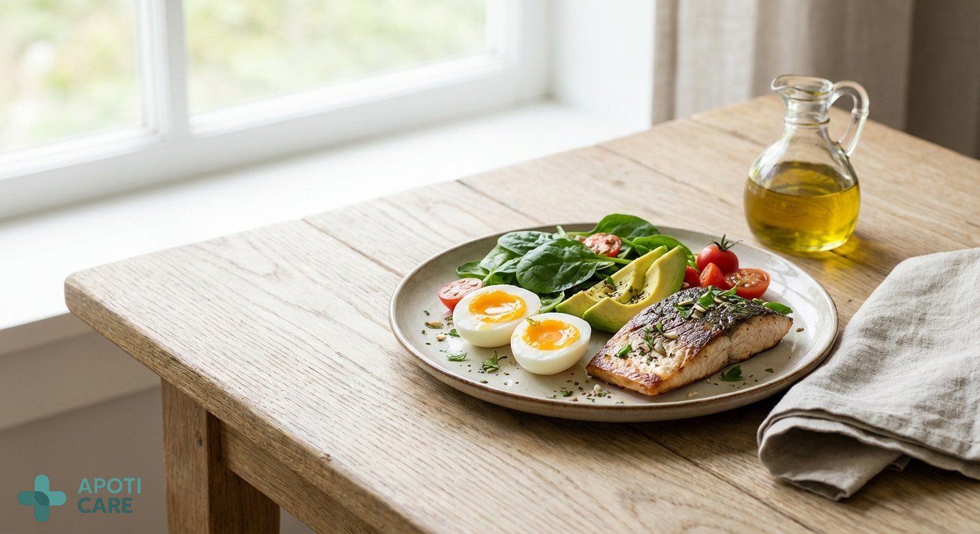 Close up of a healthy meal with eggs and fatty fish, artistic presentation on a wooden table, bright spring light