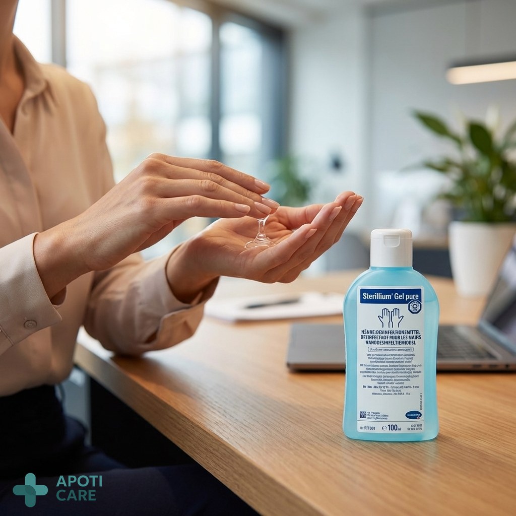 Close-up of elegant hands applying a clear gel, blurred modern office background, soft lighting, professional and clean aesthetic
