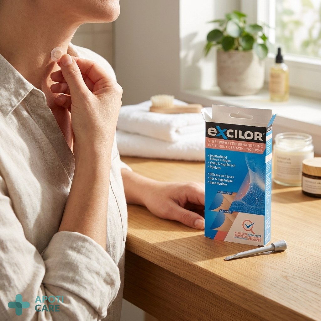 Close up of a hand applying a small, discreet medical patch on a neck area, clean professional skin care concept