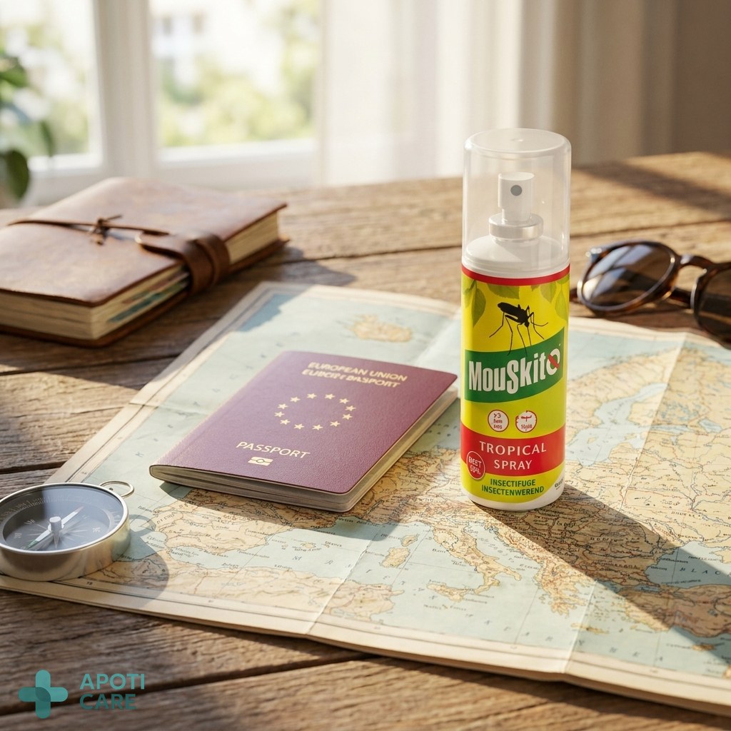 A compact travel bottle of repellent and a passport on a map, symbolizing prepared and safe travel for a modern professional.