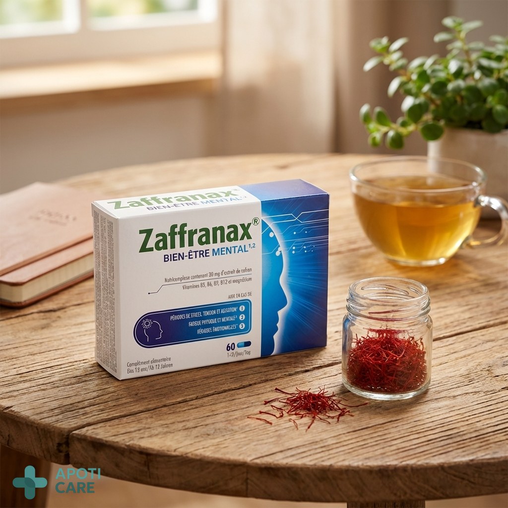 Close up of a natural dietary supplement bottle and some saffron threads on a wooden surface, soft warm lighting, professional healthcare aesthetic, realistic photography