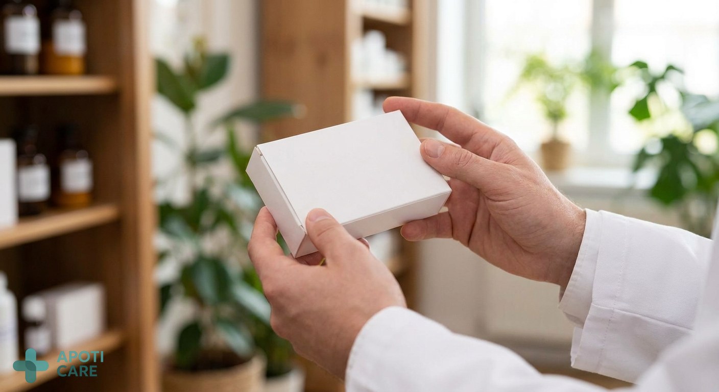 Close-up of a pharmacist's hands holding a box of medicine, blurry professional pharmacy background, soft lighting