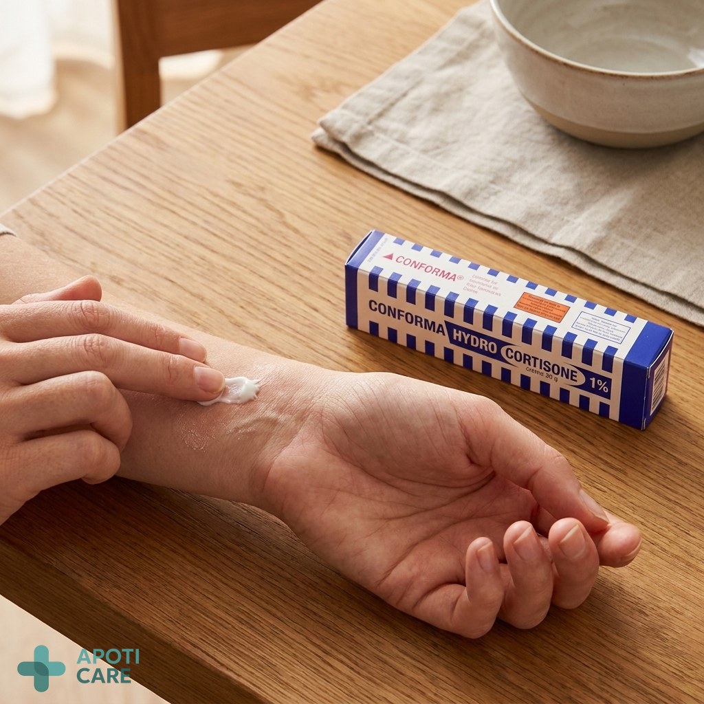 A person's hands applying a small amount of white cream onto a patch of dry skin on their wrist, professional and gentle setting.
