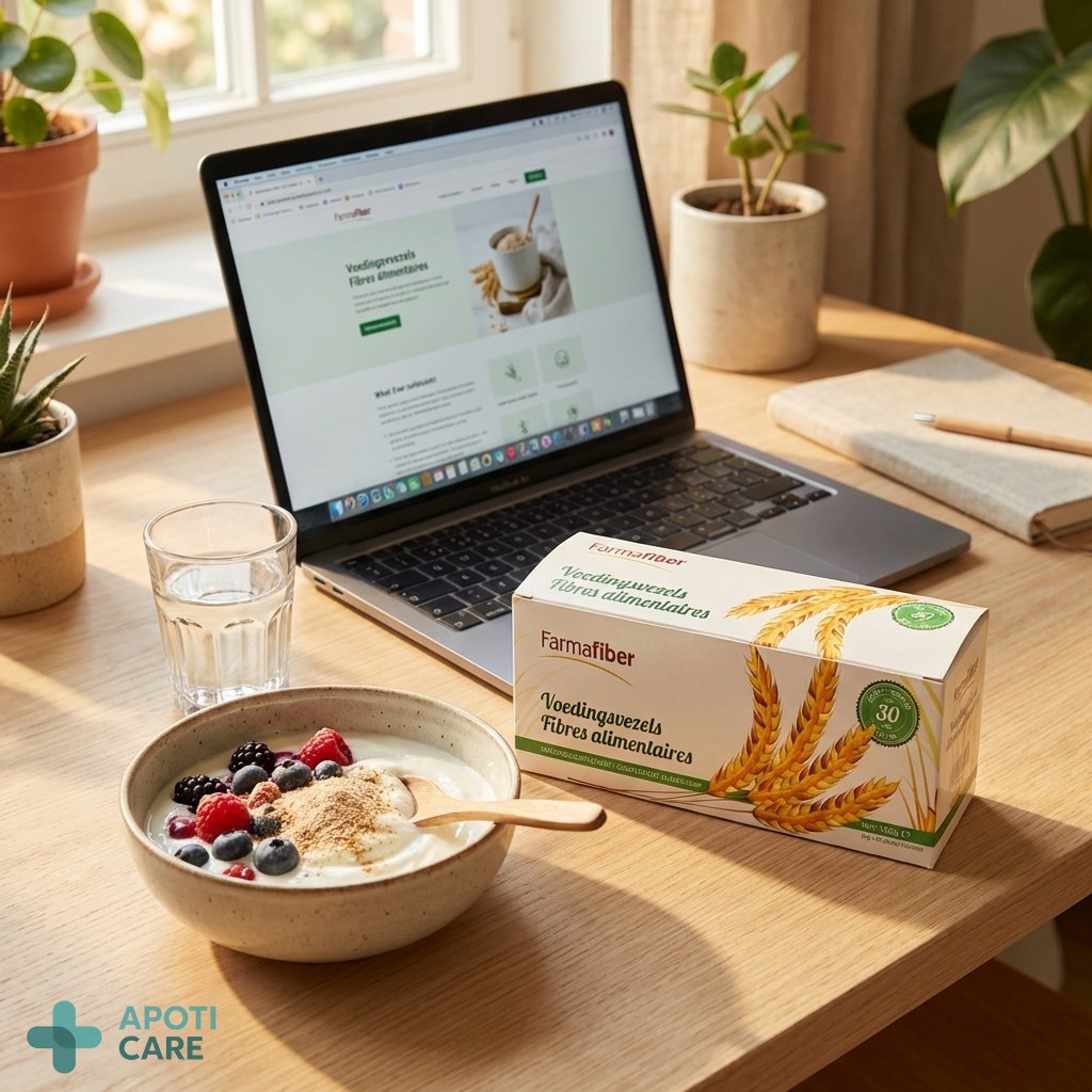A glass of water and a yogurt bowl with fiber powder on a clean, modern desk next to a laptop, suggesting a healthy workspace habit.
