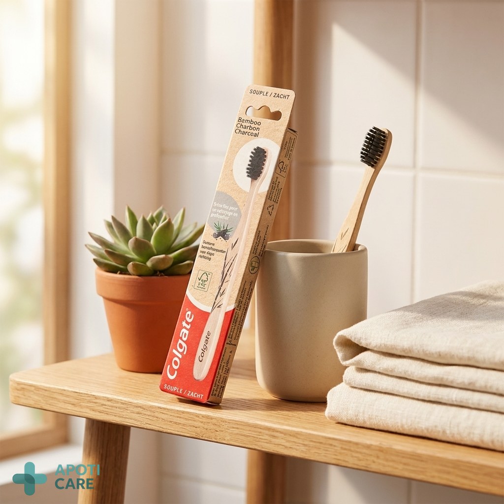 Minimalist bathroom shelf with a bamboo toothbrush in a ceramic glass, a small succulent, and a stack of clean linen towels.
